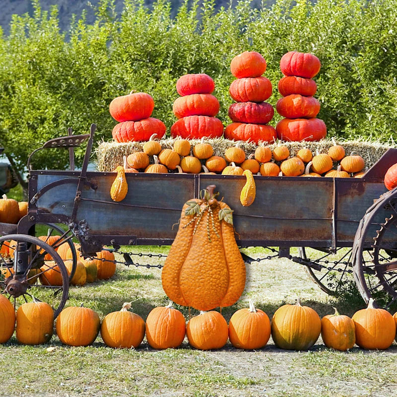 Two Part 30 Inch Metal Pumpkin Yard Stakes Set Outdoor Decor