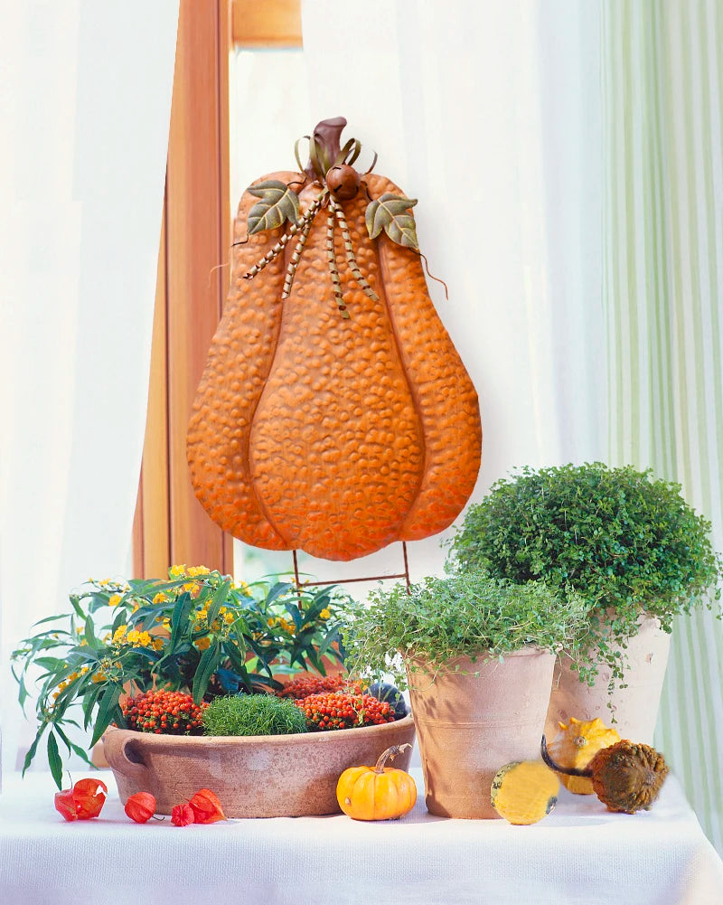 Two Part 30 Inch Metal Pumpkin Yard Stakes Set Outdoor Decor