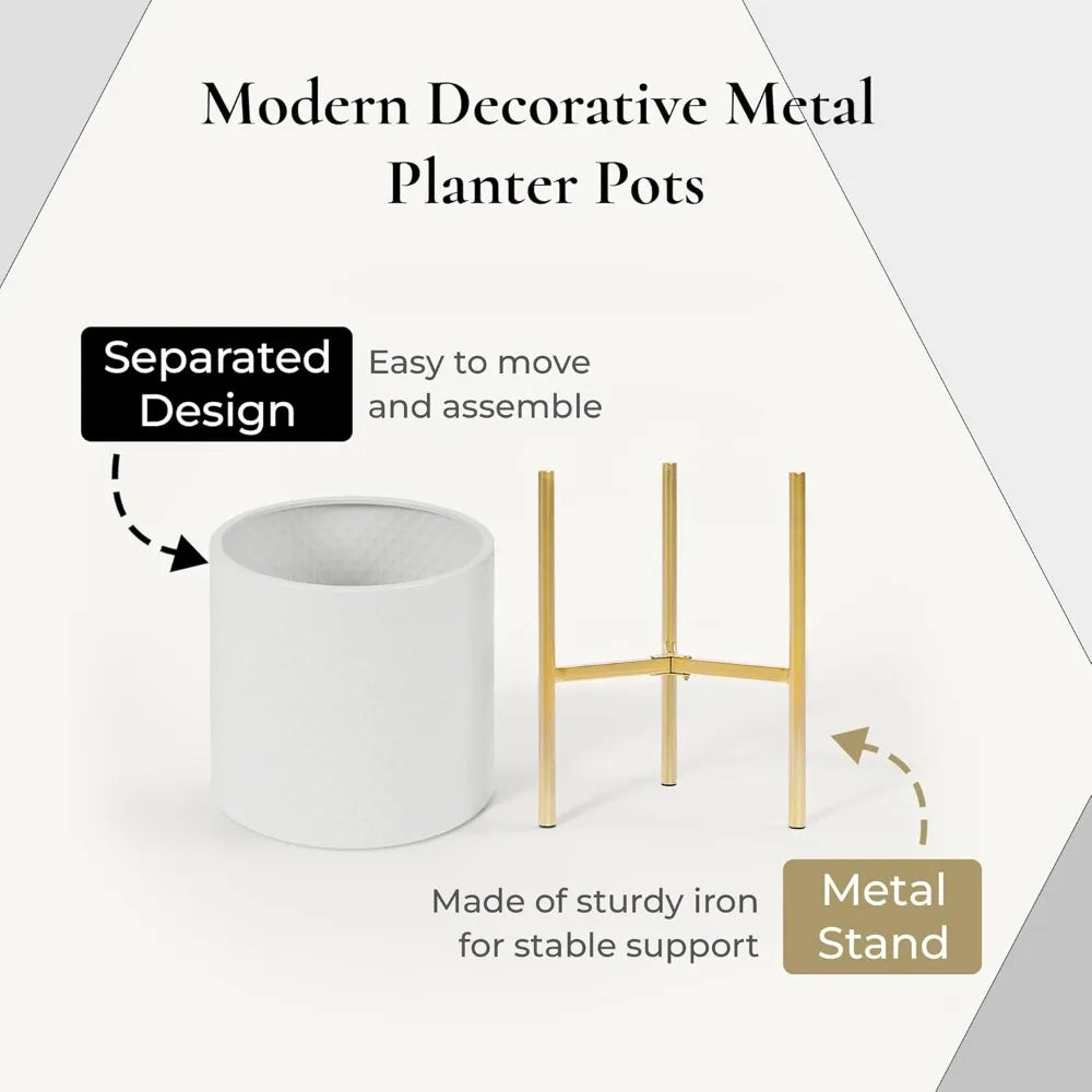 White Indoor Planters With Gold Metal Stand Set Of 2