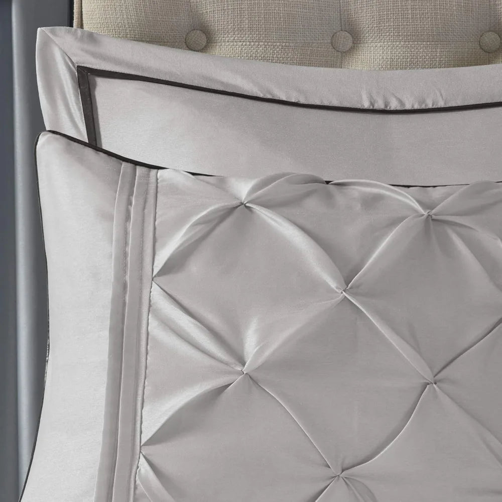 Grey Faux Silk Comforter Set With Luxe Diamond Tufting 24pc