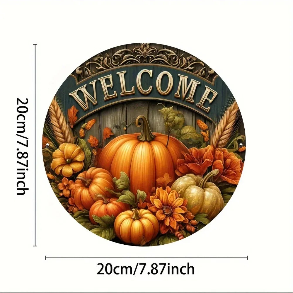 Tin Painting 8 Inch Round Metal Sign Welcome Fall Harvest