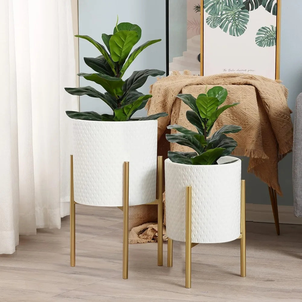 White Indoor Planters With Gold Metal Stand Set Of 2