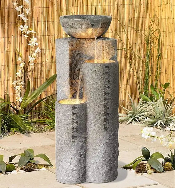 Zen Outdoor Floor Water Fountain Pillar Bowl LED Light