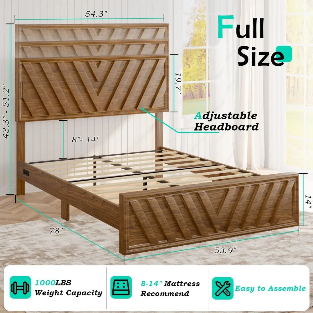 Full Bed With Adjustable Headboard Farmhouse Platform Bed LED Light