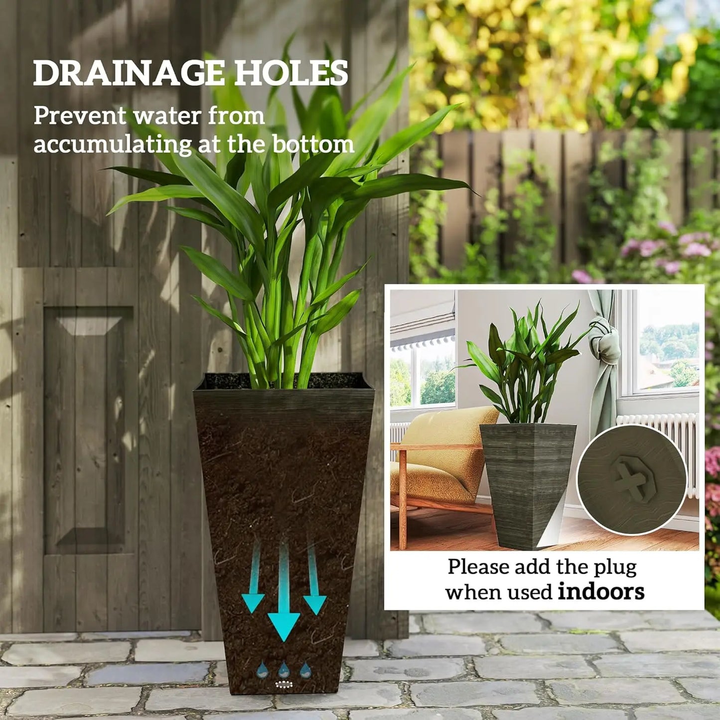Tall Outdoor Planter Set of 3 with Drainage Holes