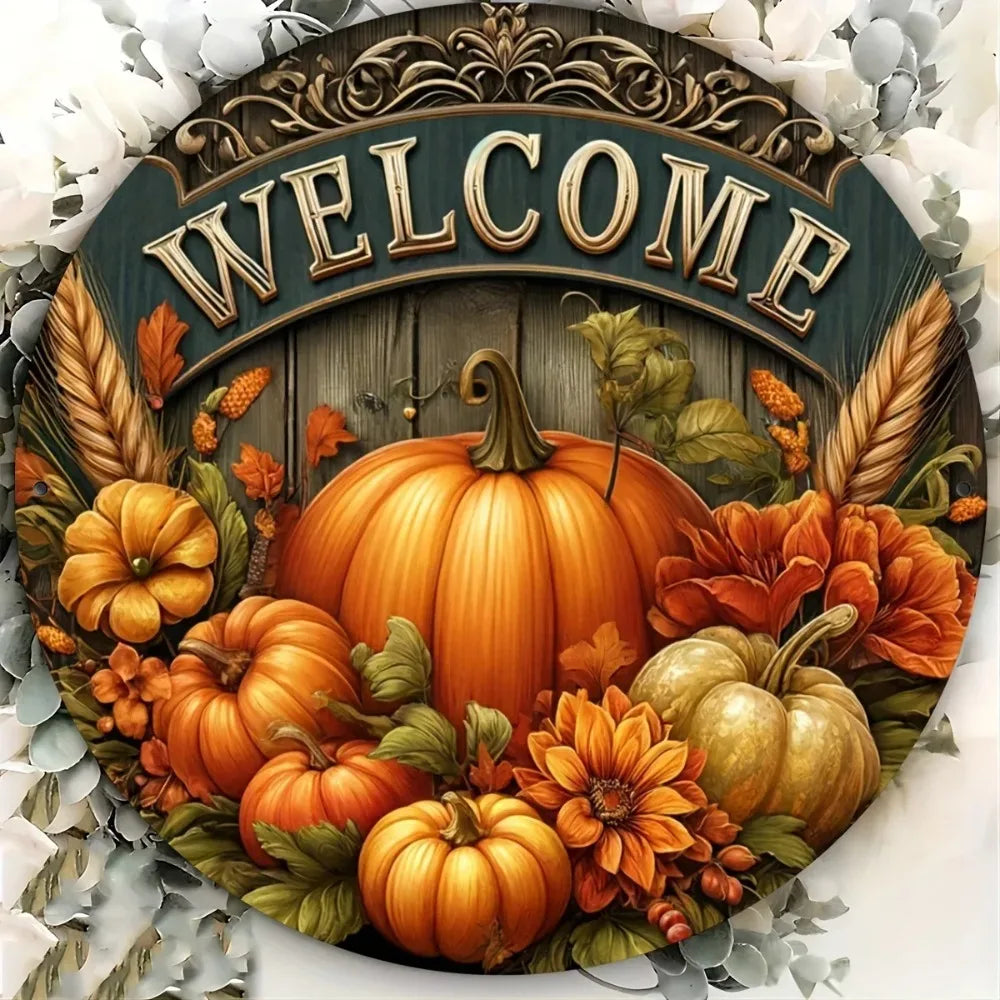 Tin Painting 8 Inch Round Metal Sign Welcome Fall Harvest