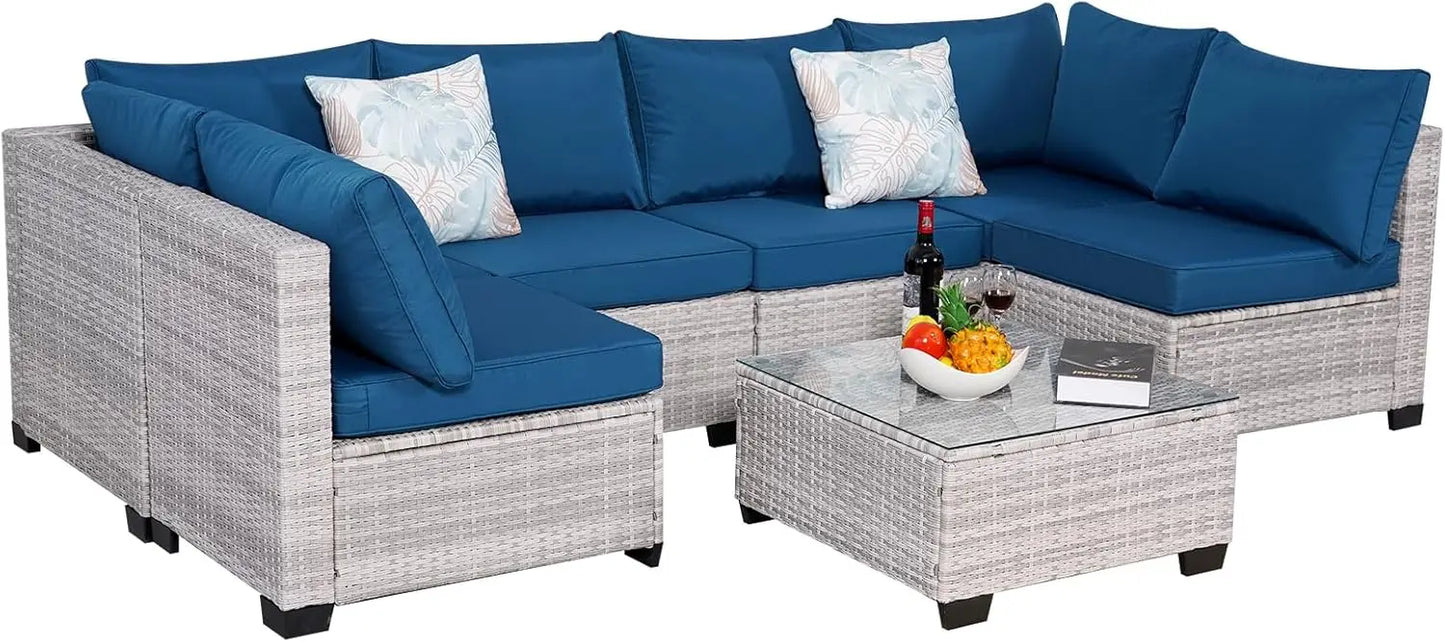 ANGDUO Outdoor Rattan Sectional Sofa Set With Glass Table