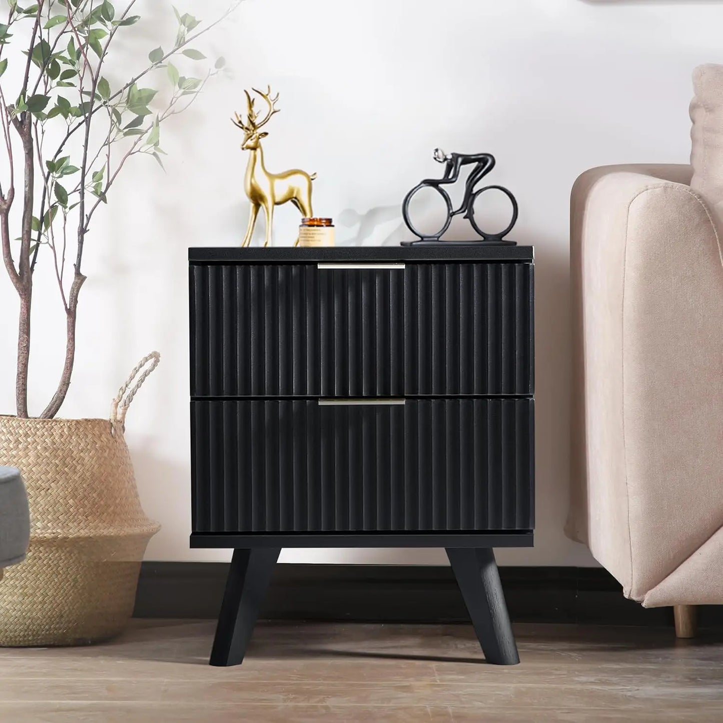 Fluted Nightstand Mid Century Modern Drawer Dresser Bedroom
