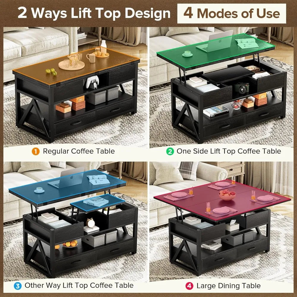 Lift Top Coffee Table Storage Drawers Hidden Compartment
