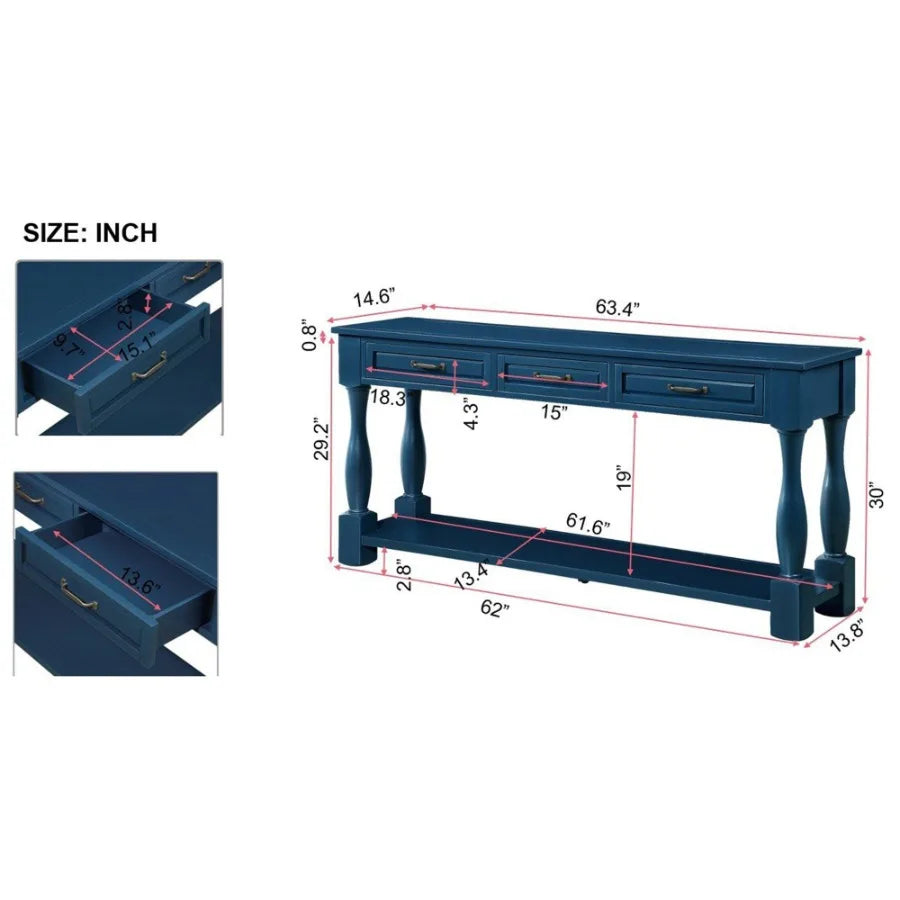63 Inch Long Wood Console Table With 3 Drawers Navy Blue
