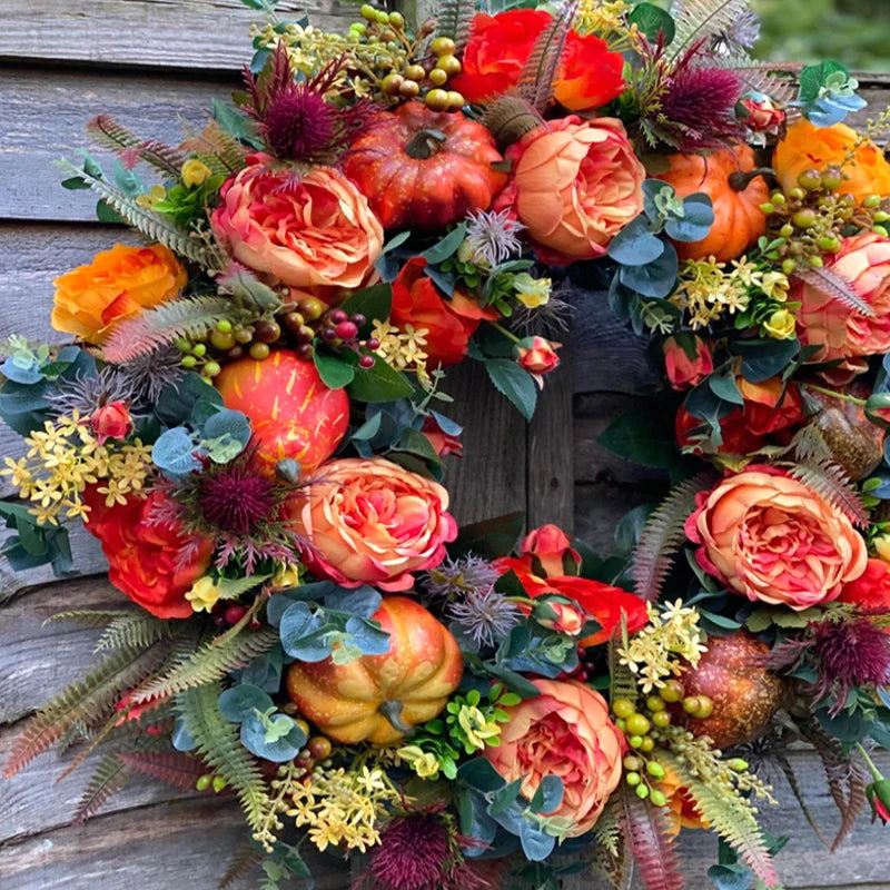 Peony Pumpkin Wreath Decorative Autumn Garland Front Door