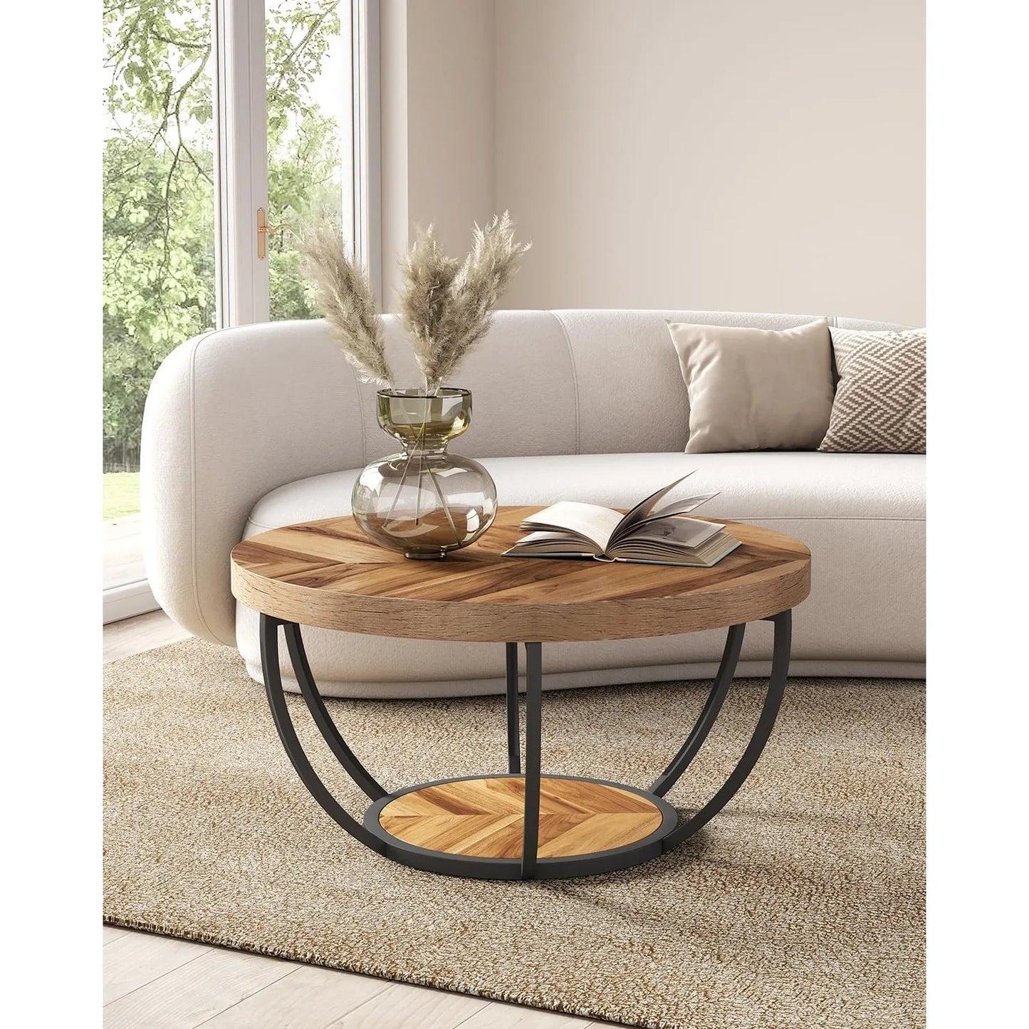 32 Inch Circle Marble Coffee Table Two Tier Gold Metal Legs