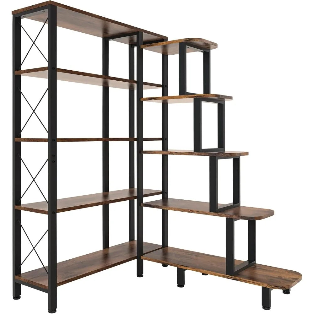 Large Corner Shelf Bookcase Industrial Reversible 5 Tier