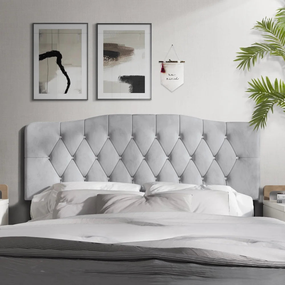 Upholstered Tufted Headboard Silver Velvet Queen Size