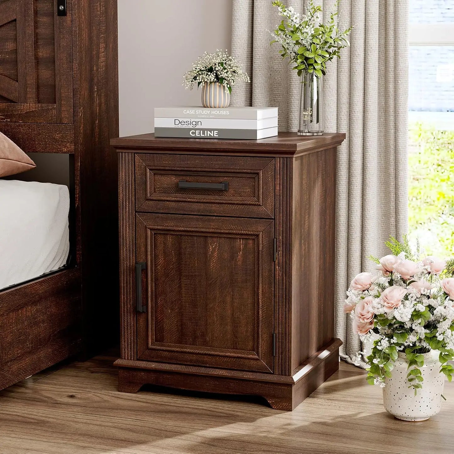 Wooden Nightstand Set of 2 With Large Storage Drawers