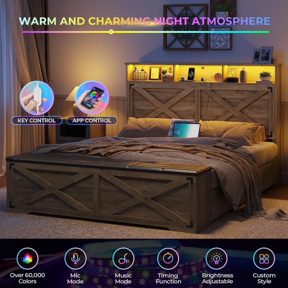 Dictac Farmhouse Bed Frame With Headboard USB Charging