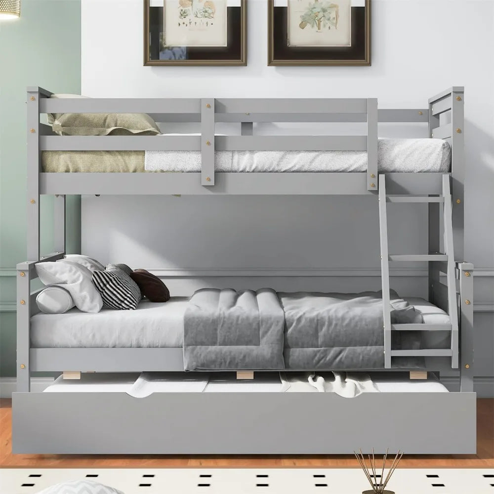 Merax Trundle Bunk Bed Twin Over Full Wood Frame Guardrail