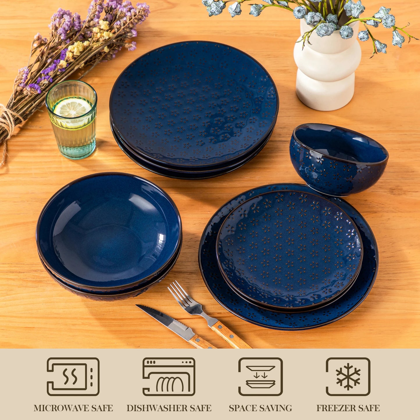 Malacasa Lydia Blue Stoneware Dinner Set for Elegant Dining
