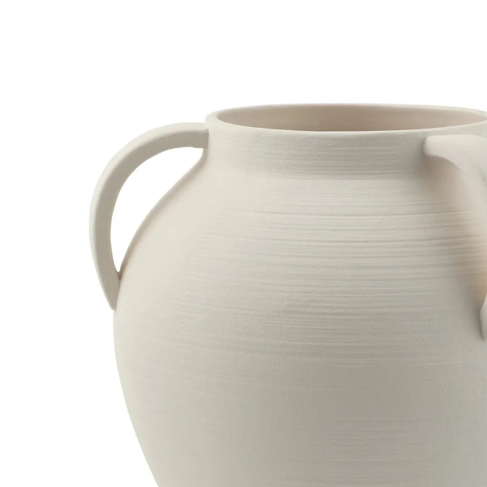 8 Inch White Matte Textured Ceramic Vase With Three Handles