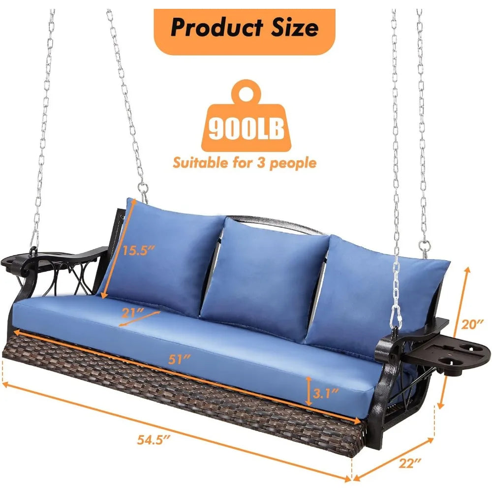 Heavy Duty 900 Pounds Rattan Porch Swing Chair for Three