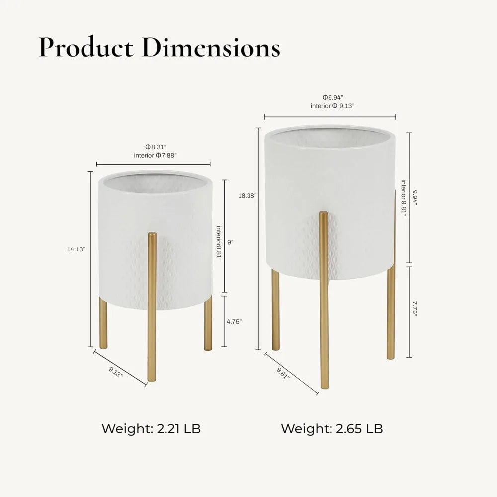 White Indoor Planters With Gold Metal Stand Set Of 2