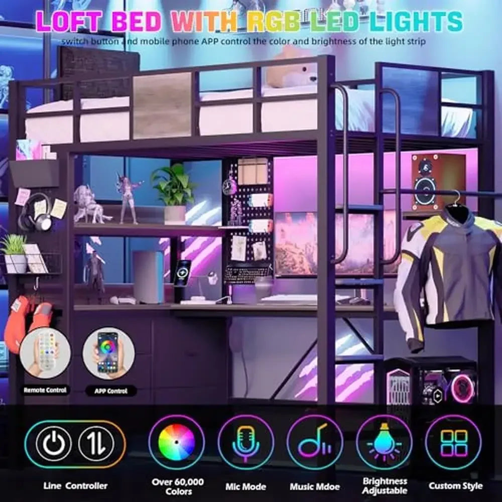 Twin Loft Bed With L Shaped Desk And LED Lights Storage