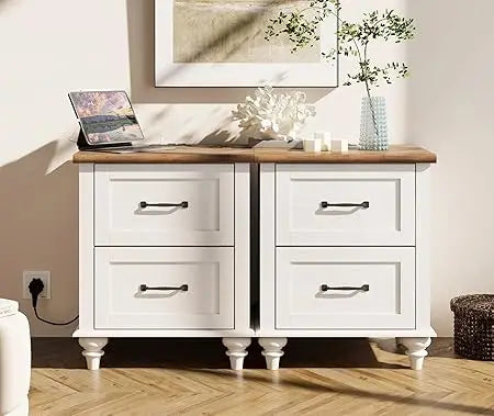 Beige Nightstands Set Of 2 With Charging Station Drawers