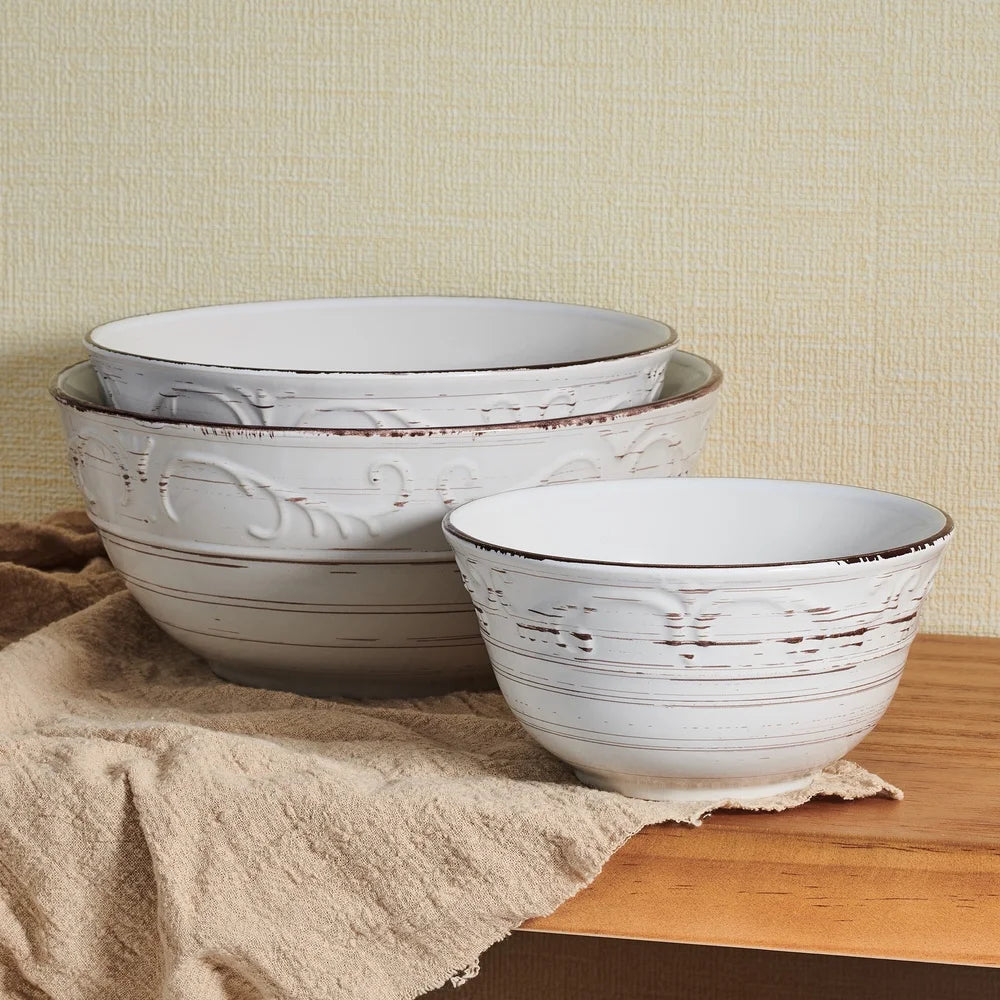Trellis Stoneware Serving Bowls Set 3 Microwave Safe
