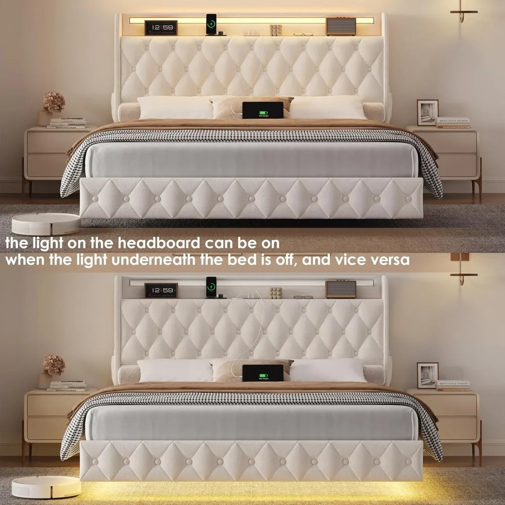 Keyluv Floating Bed Frame With LED Lights USB Charging