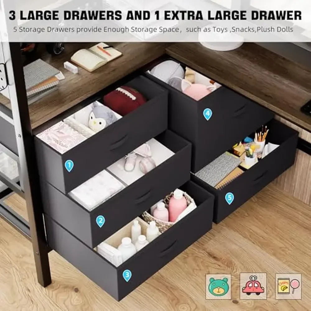 Twin Loft Bed With L Shaped Desk And LED Lights Storage