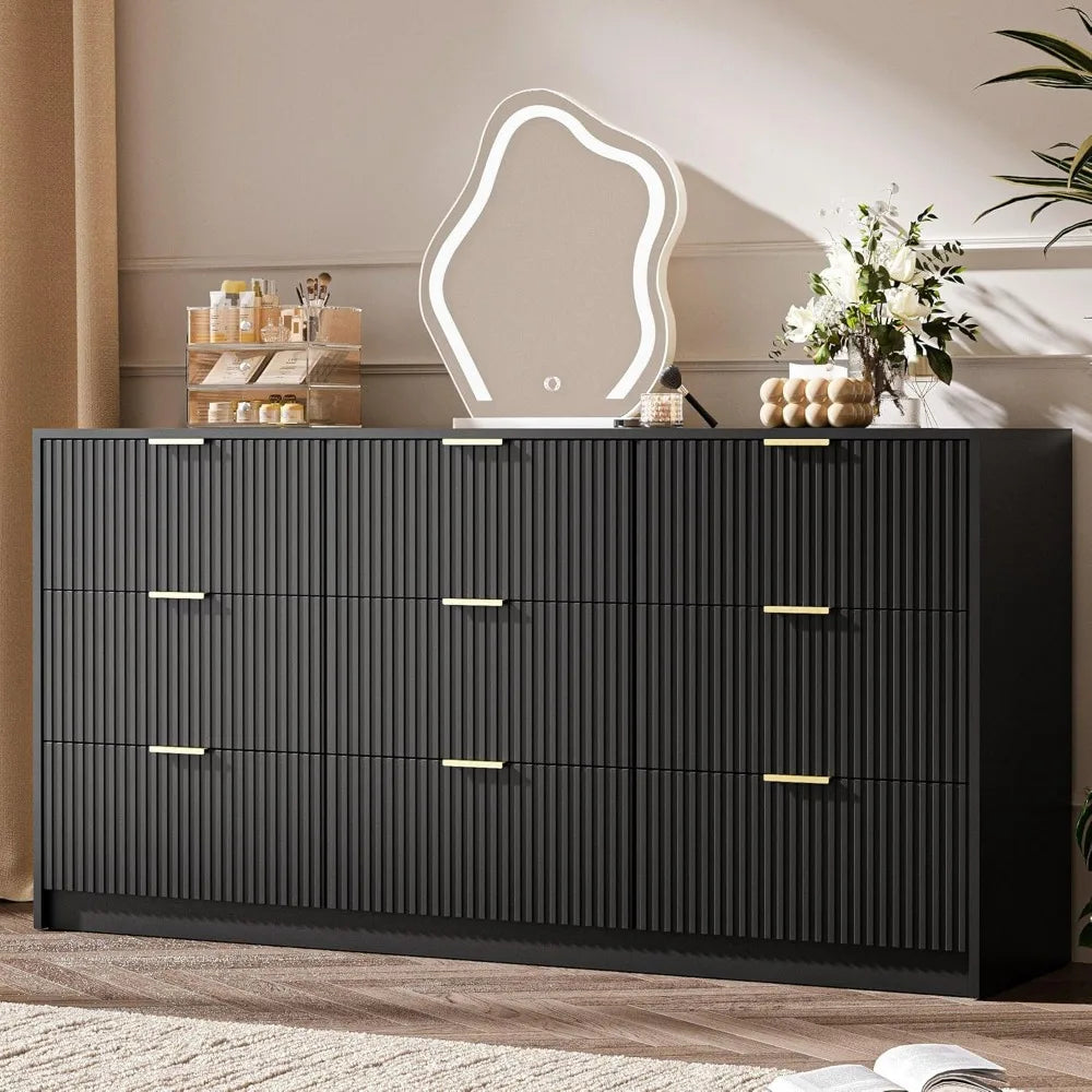 Black Dresser 9 Drawer Modern Chest for Bedroom Living Room