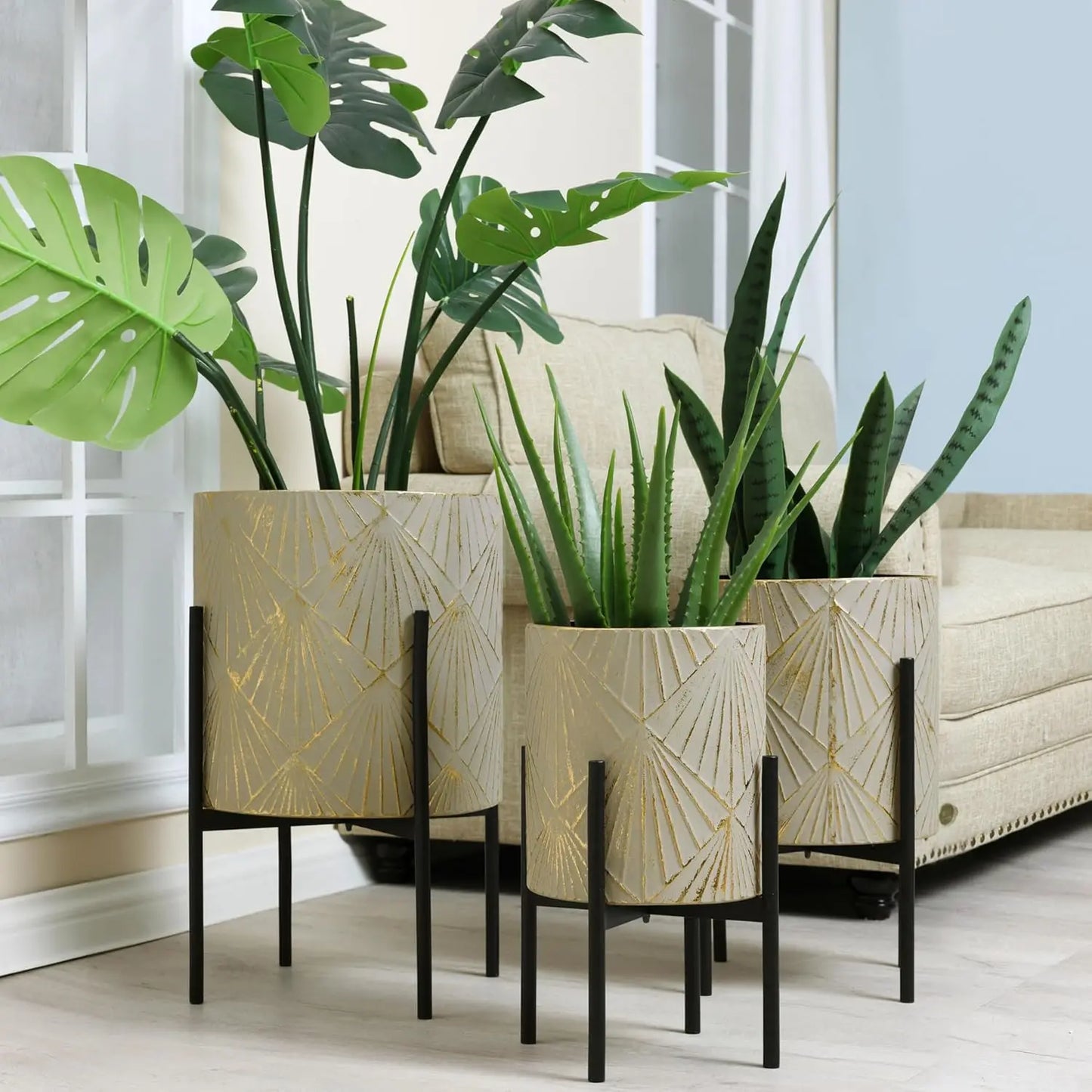 White Indoor Planters With Gold Metal Stand Set Of 2