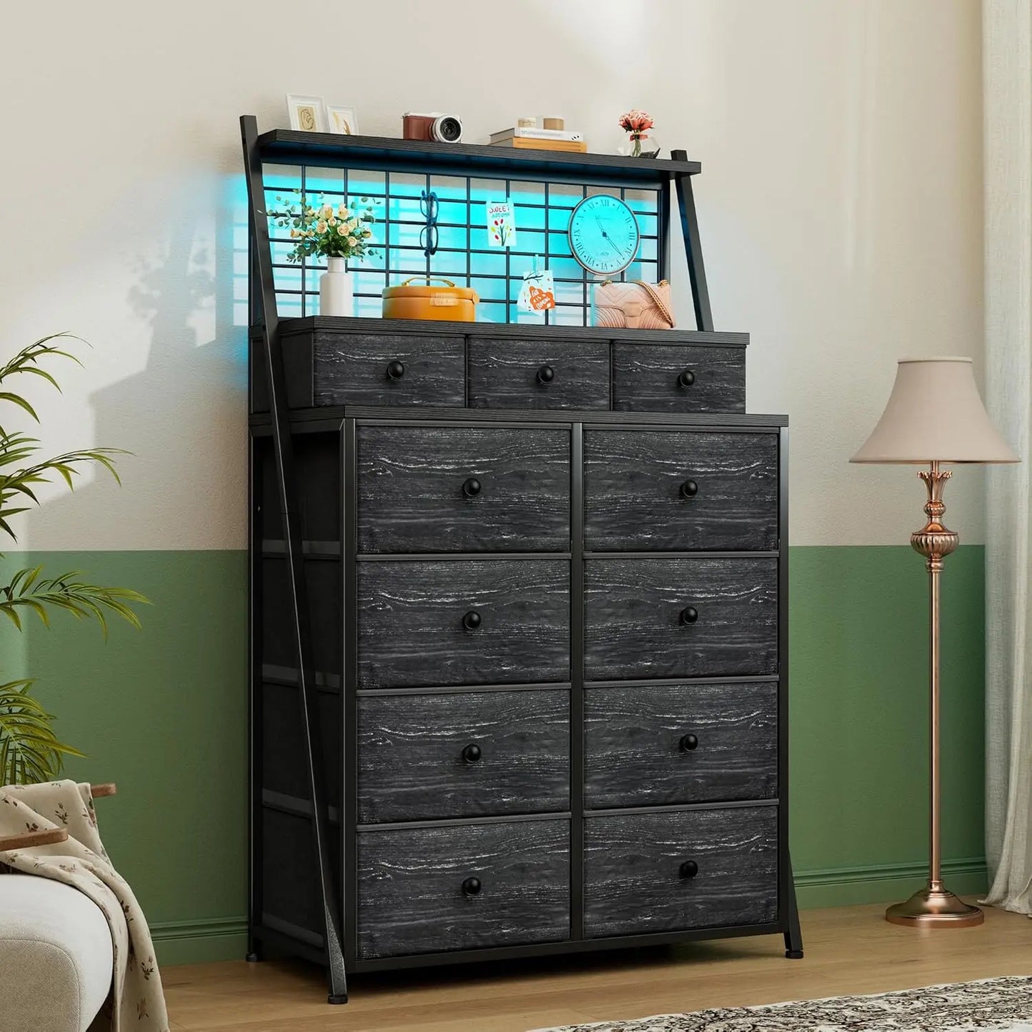 51 Inch Tall Dresser With 11 Fabric Drawers And LED Lights