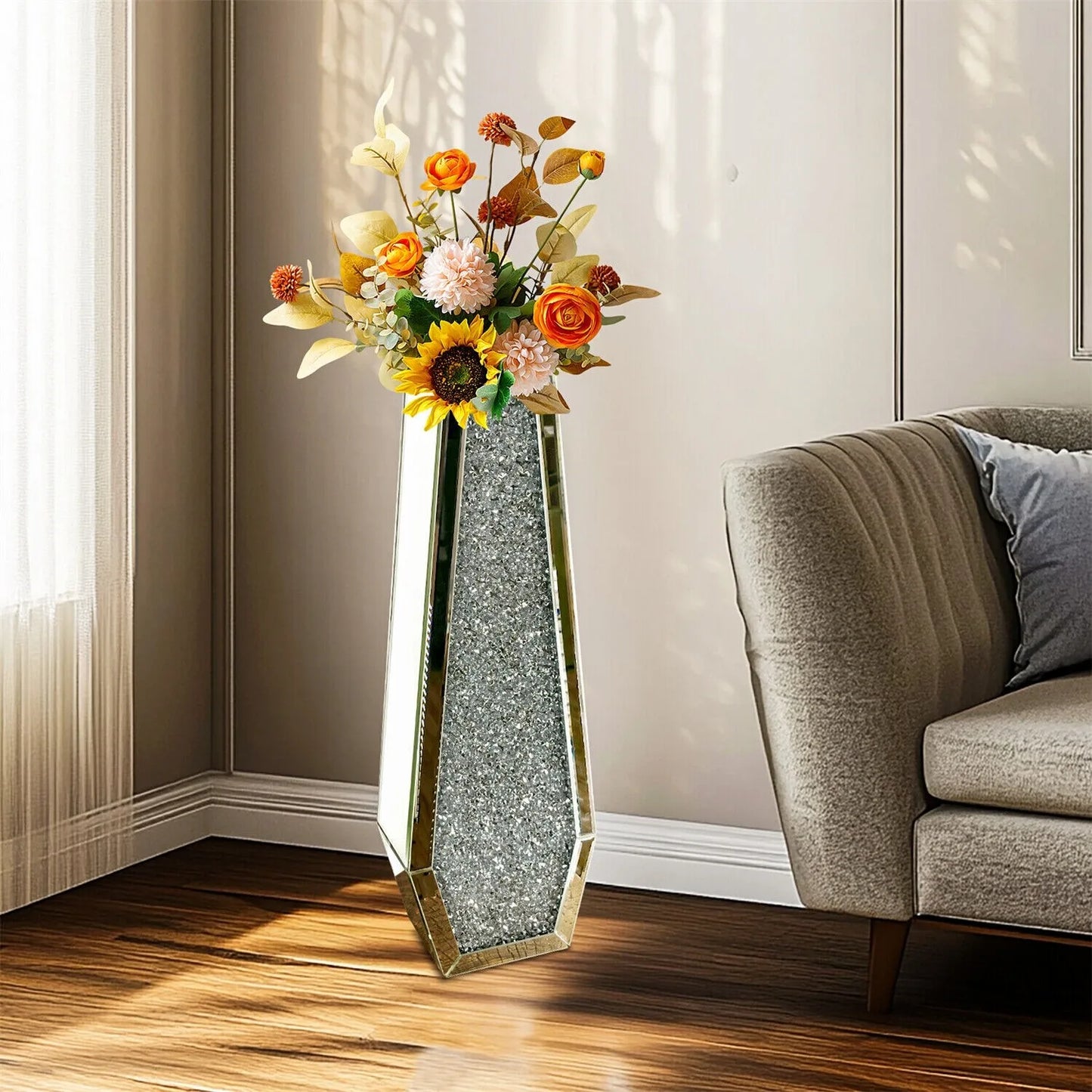 Luxury Tall Floor Vase Crushed Diamond Mirrored Glass
