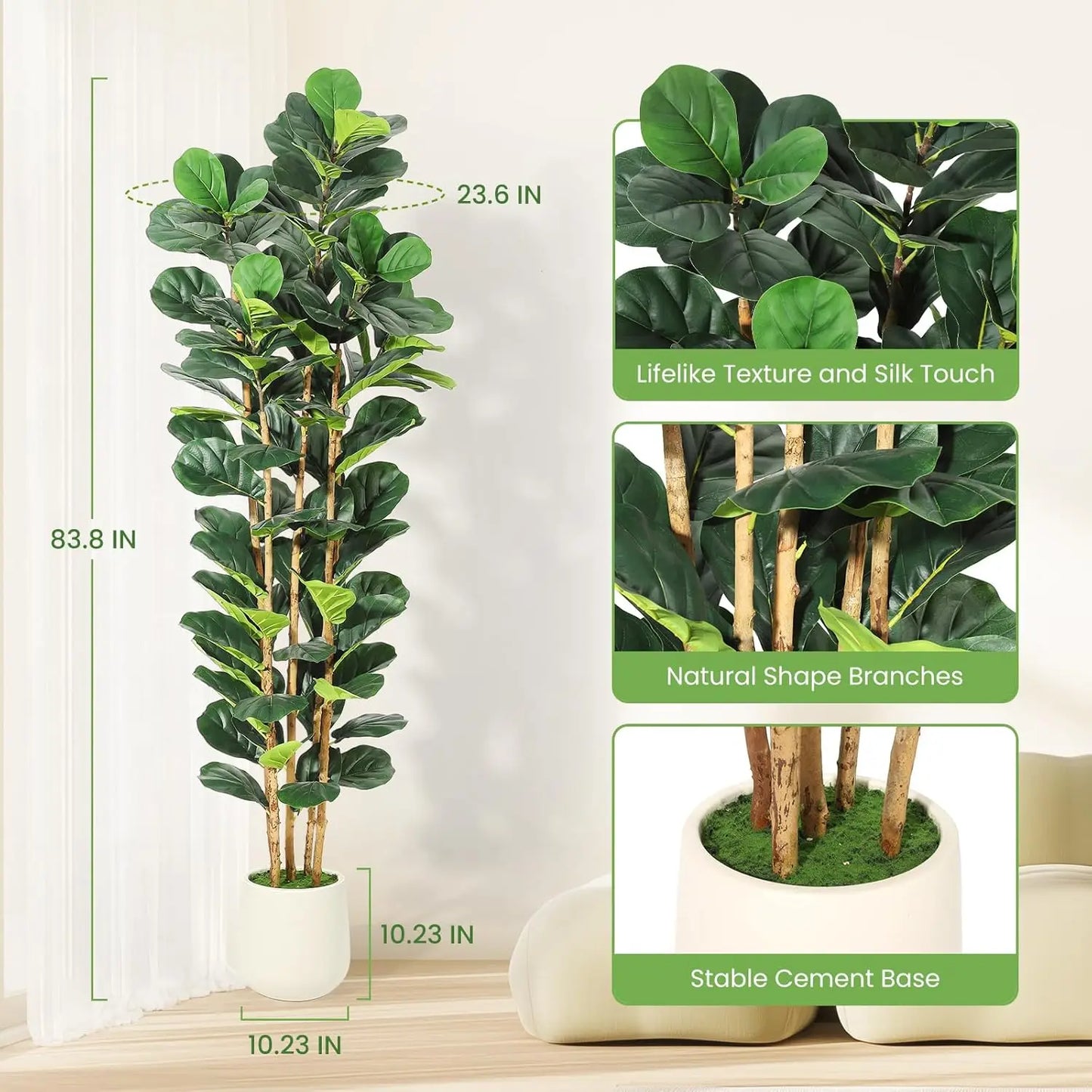 HiMISCN Fiddle Leaf Fig Tree With Pot Fake Greenery Home