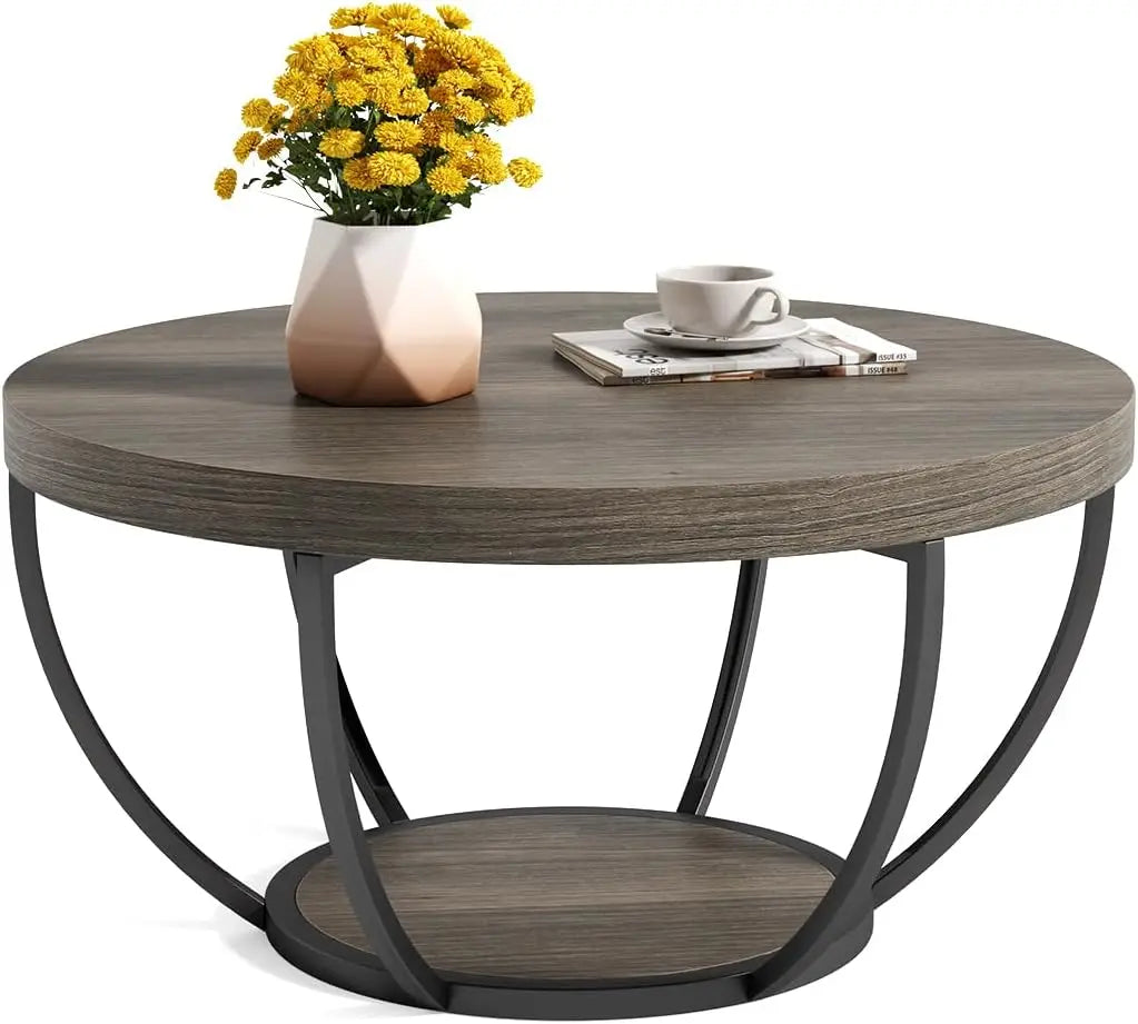 32 Inch Circle Marble Coffee Table Two Tier Gold Metal Legs