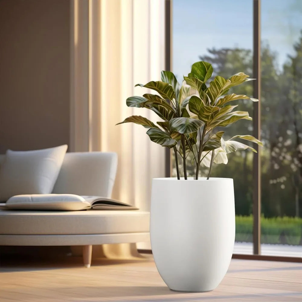 Modern Snow White Concrete Tall Planter with Drainage Hole