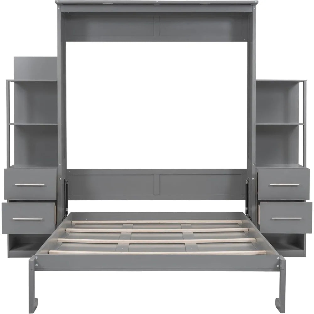 Queen Size Murphy Bed With LED Shelves And Drawers Gray