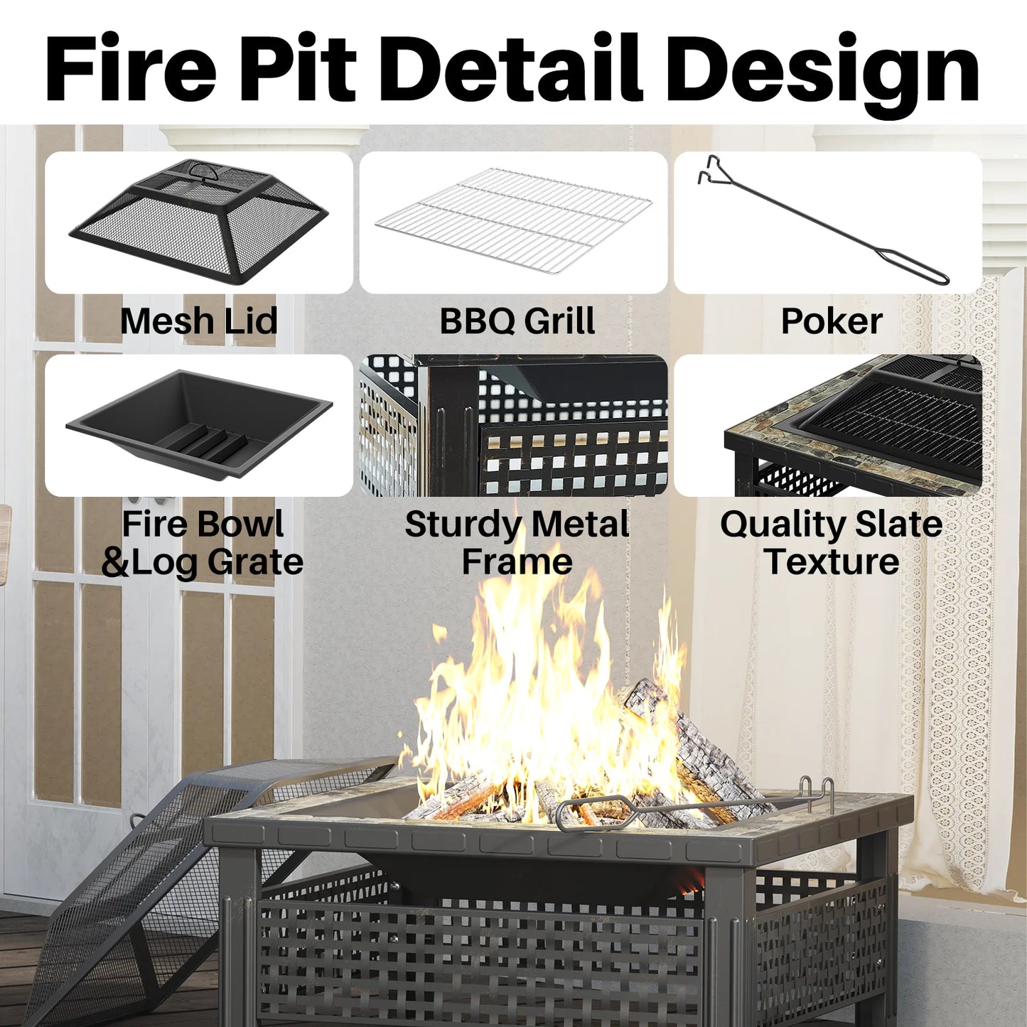30 Inch Square Fire Pit Table for Patio Warmth and BBQ