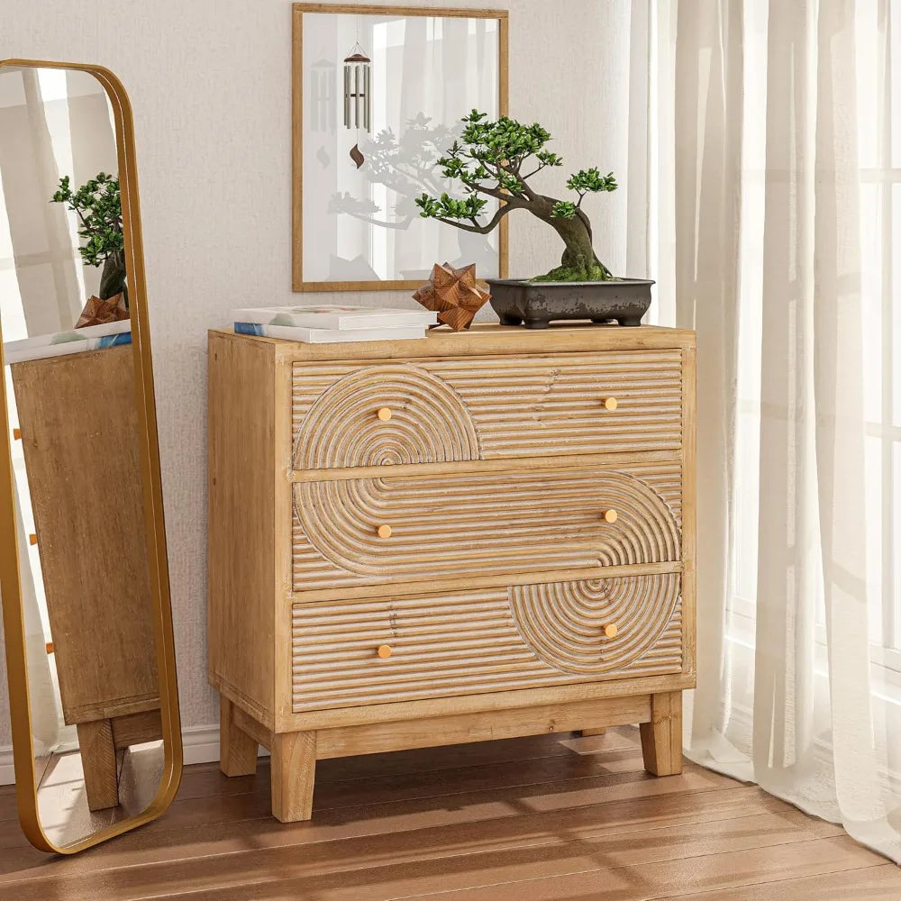 Three Drawer Farmhouse Dresser Handicraft Wood Ring Motif