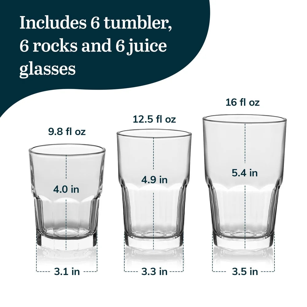 Classic Stackable Glass Cup Set 18 Piece Drinking Glasses