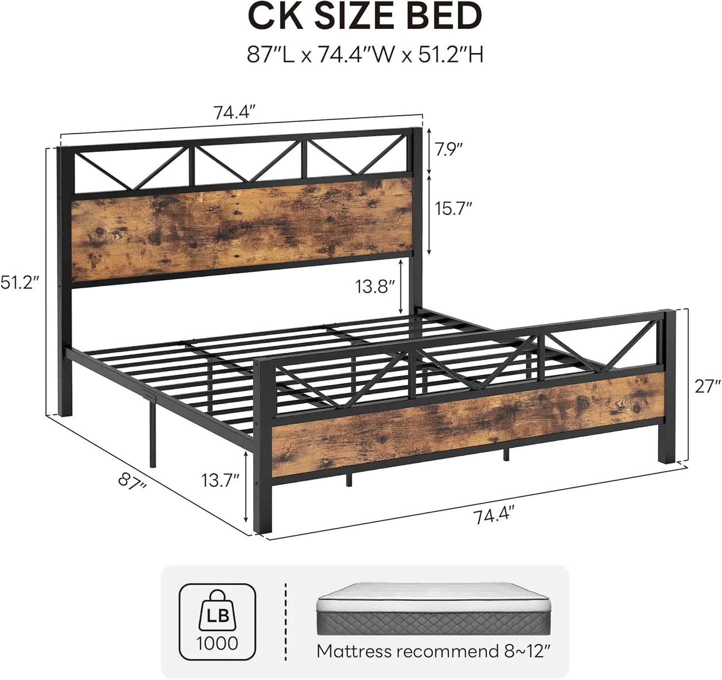 LIKIMIO Industrial Platform Bed Frame With Tall Headboard