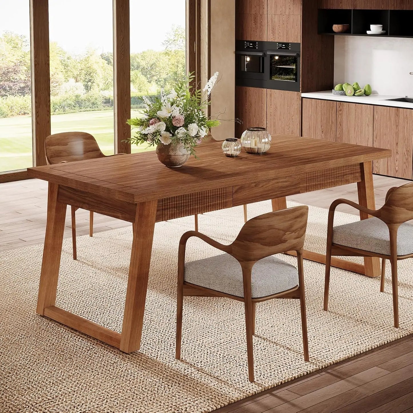 Modern Rectangular Dining Table with Storage Drawer for 4-6 People