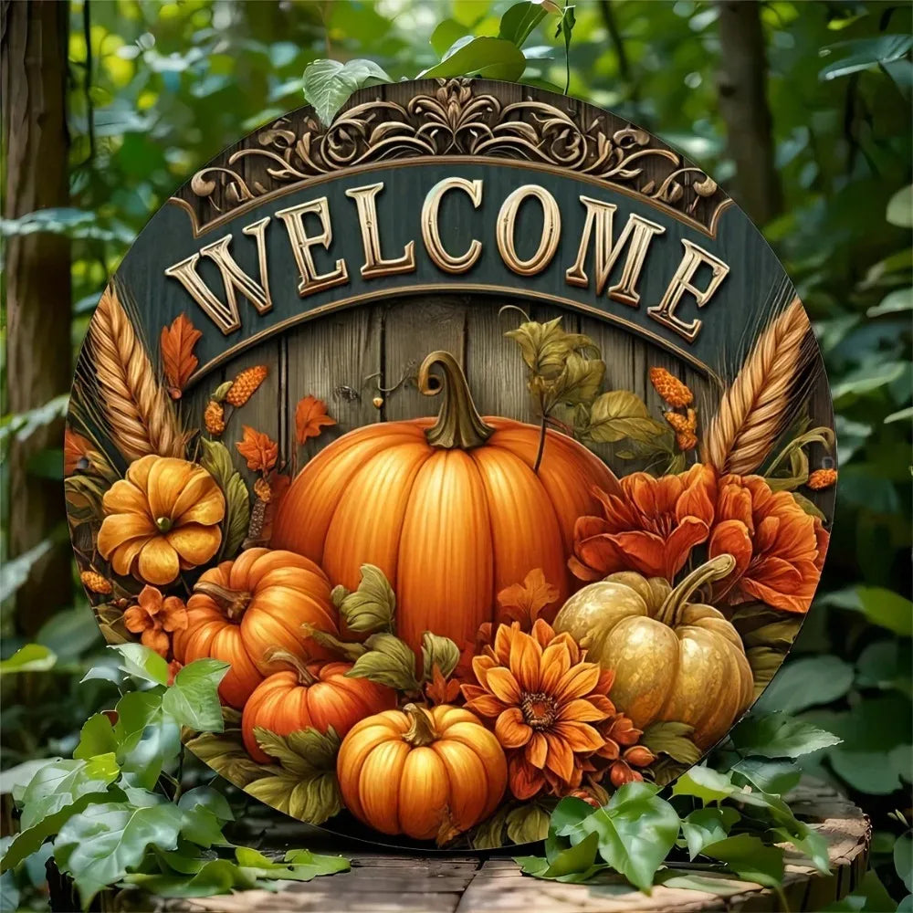 Tin Painting 8 Inch Round Metal Sign Welcome Fall Harvest