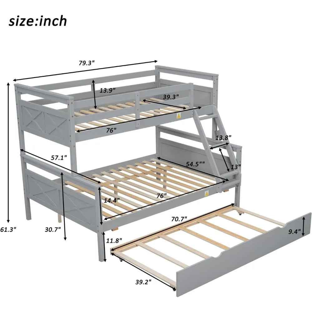 Merax Trundle Bunk Bed Twin Over Full Wood Frame Guardrail