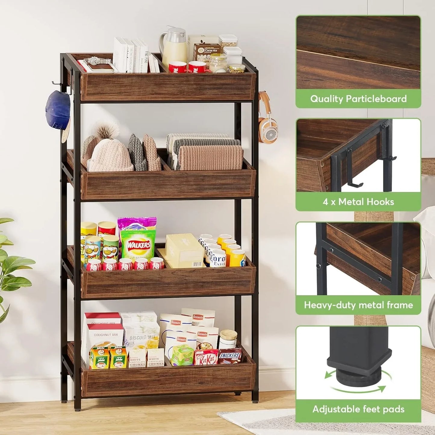 Four Tier Wooden Snack Stand With Heavy Duty Metal Frame