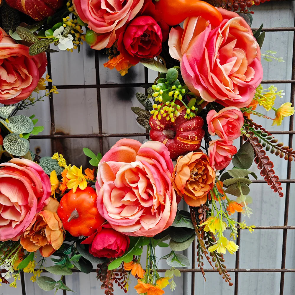 Peony Pumpkin Wreath Decorative Autumn Garland Front Door