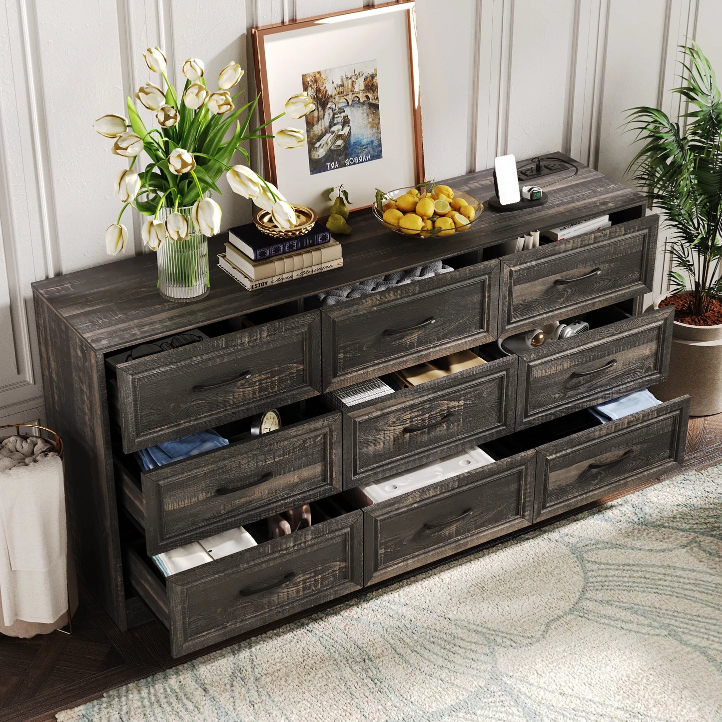 Vabches Wood Dresser For Bedroom 9 Drawers Power Outlet