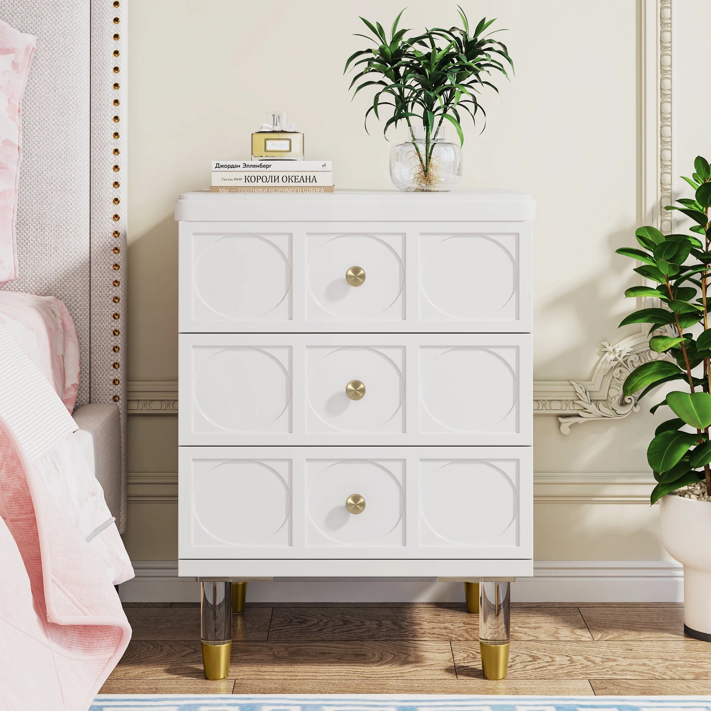 Tribesigns 3 Drawer Nightstand White And Gold Storage