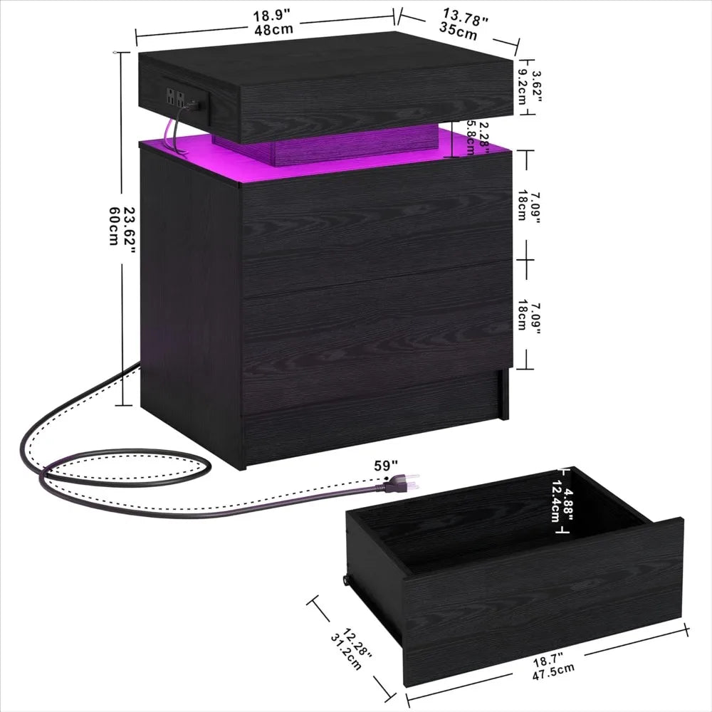Modern Black Nightstand With Charging Station And Drawers